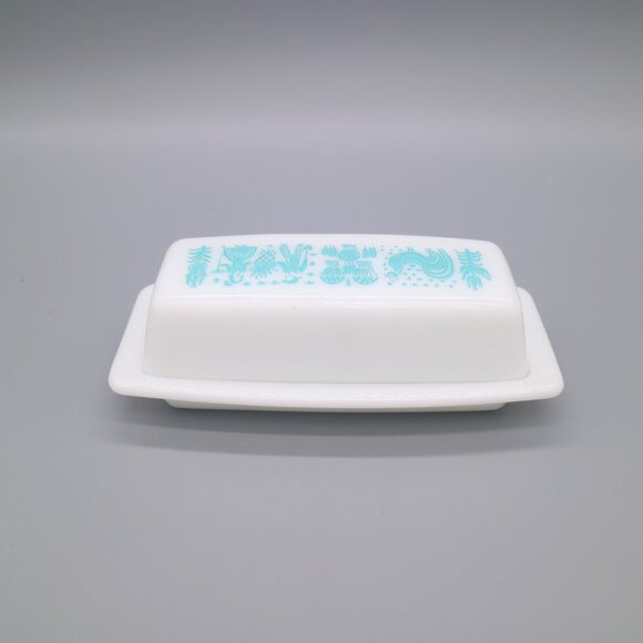 Pyrex Butter Dish Amish Butter Print Butterprint Turquoise Blue Vintage - Picture 4 of 5